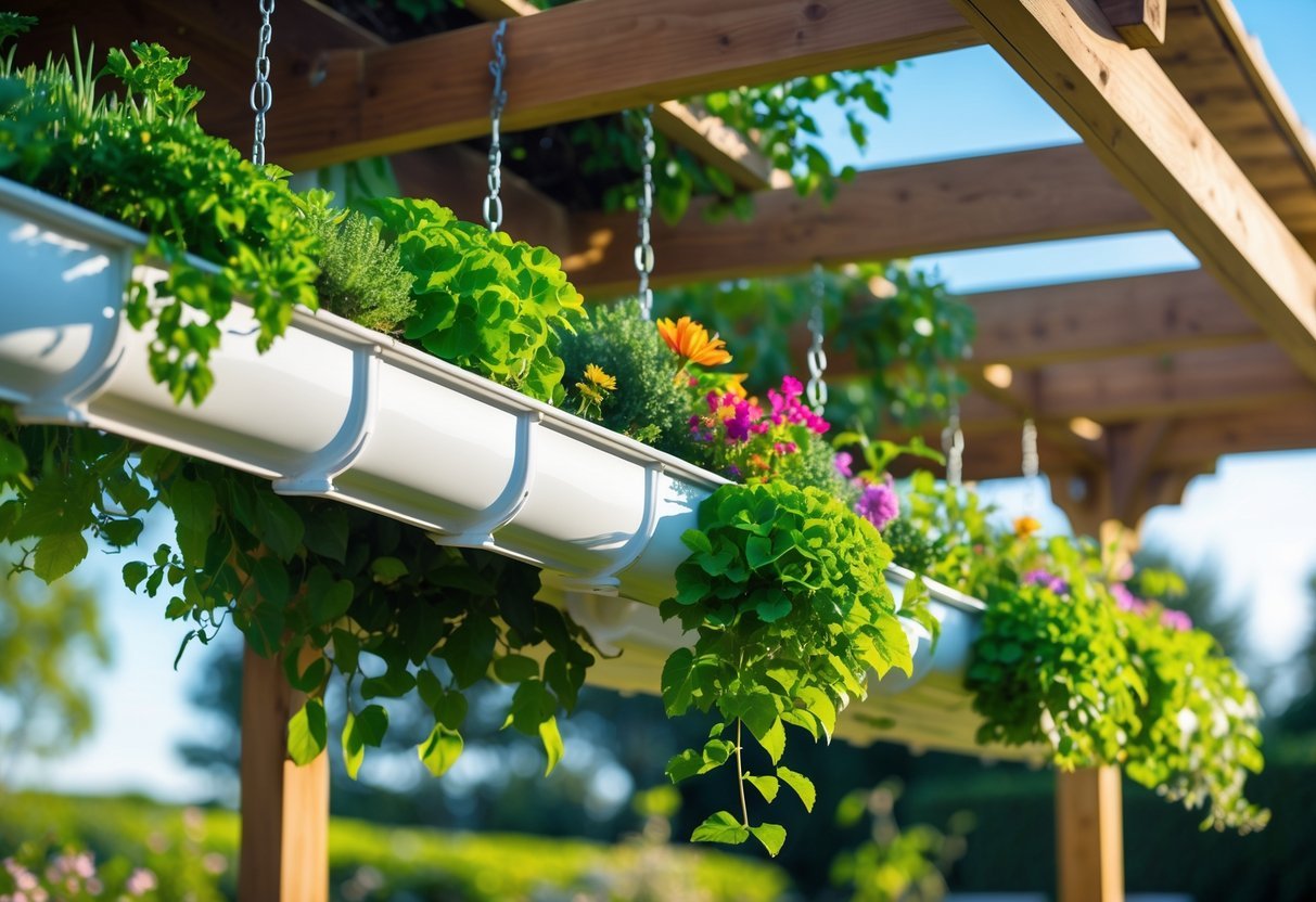Hanging Gutter Garden Ideas: 7 Easy Ways to Transform Small Spaces in Your US Home 10 A wooden pergola outdoors with white gutters hanging horizontally filled with green plants and flowers.