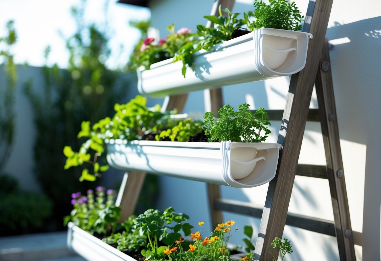 Hanging Gutter Garden Ideas: 7 Easy Ways to Transform Small Spaces in Your US Home 11 A step ladder with horizontal gutters attached to its steps, filled with various green plants and colorful flowers, set outdoors against a white wall.
