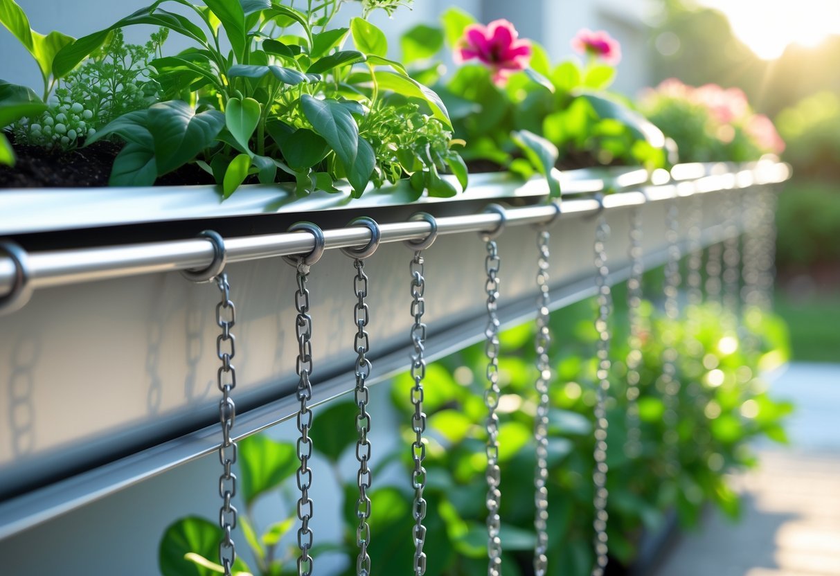 Hanging Gutter Garden Ideas: 7 Easy Ways to Transform Small Spaces in Your US Home 12 A gutter garden hanging by metal chains filled with green plants and colorful flowers outdoors.