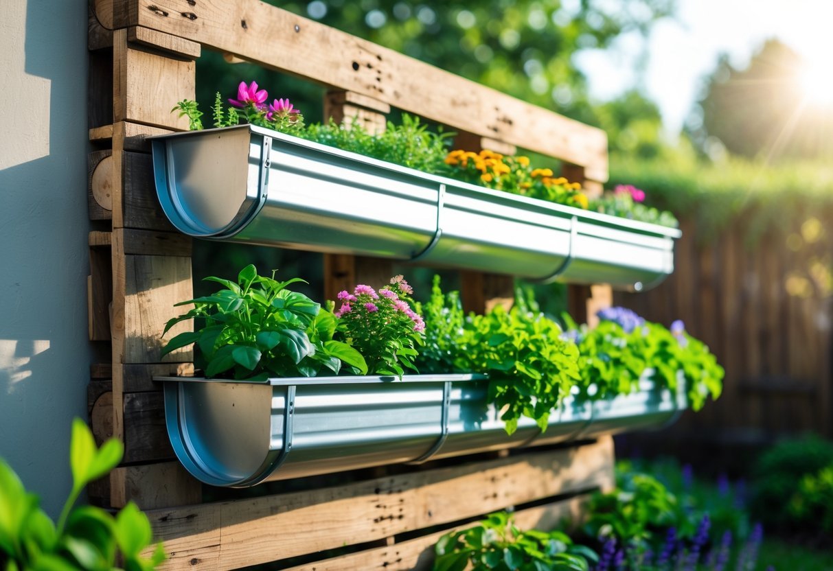 Hanging Gutter Garden Ideas: 7 Easy Ways to Transform Small Spaces in Your US Home 13 A recycled wooden pallet with metal gutters attached horizontally, filled with green plants and flowers, hanging outdoors against a garden background.