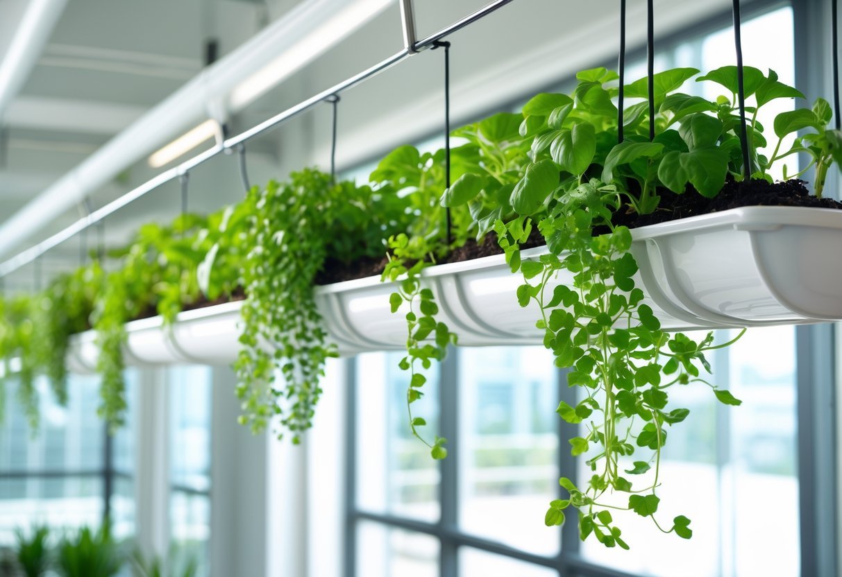 Hanging Gutter Garden Ideas: 7 Easy Ways to Transform Small Spaces in Your US Home 14 Indoor ceiling-hung gutters filled with green plants hanging from the ceiling in a bright modern room.