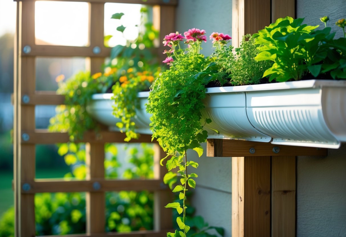 Hanging Gutter Garden Ideas: 7 Easy Ways to Transform Small Spaces in Your US Home 15 A trellis mounted on a wall holding multiple gutters filled with green plants and colorful flowers arranged as a vertical hanging garden.