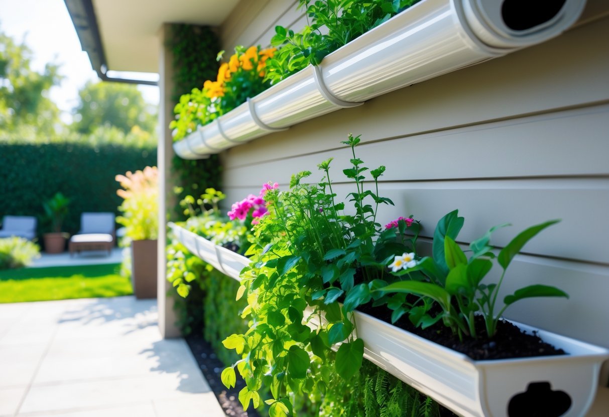 Hanging Gutter Garden Ideas: 7 Easy Ways to Transform Small Spaces in Your US Home 16 A patio wall with several white gutters mounted horizontally, each filled with green plants and colorful flowers.