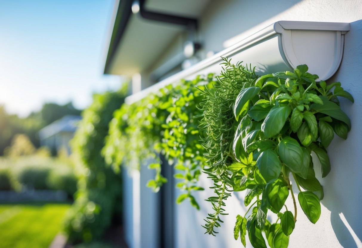 Hanging Gutter Garden Ideas: 7 Easy Ways to Transform Small Spaces in Your US Home 17 A gutter filled with cascading green herbs hanging outside a house with a garden in the background.