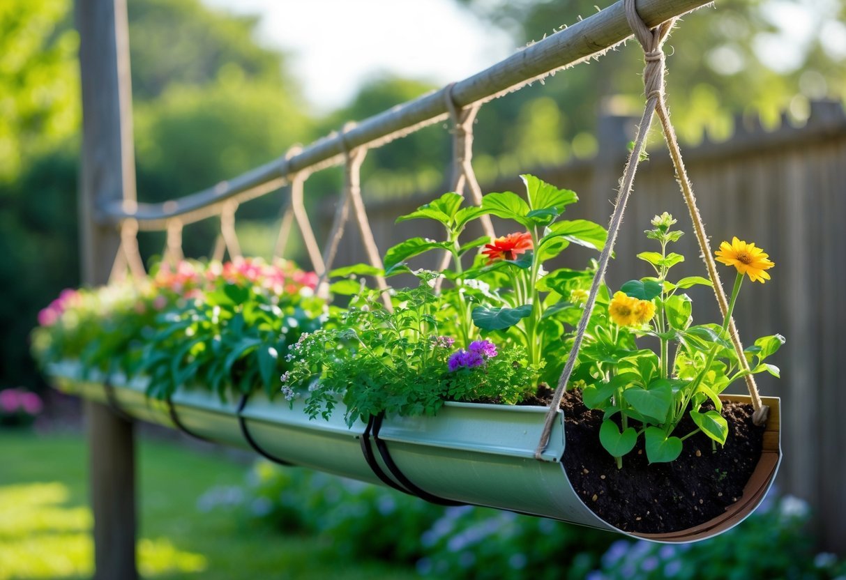 Hanging Gutter Garden Ideas: 7 Easy Ways to Transform Small Spaces in Your US Home 18 A clothesline with several rain gutters hanging horizontally, each filled with green plants and colorful flowers in an outdoor garden setting.
