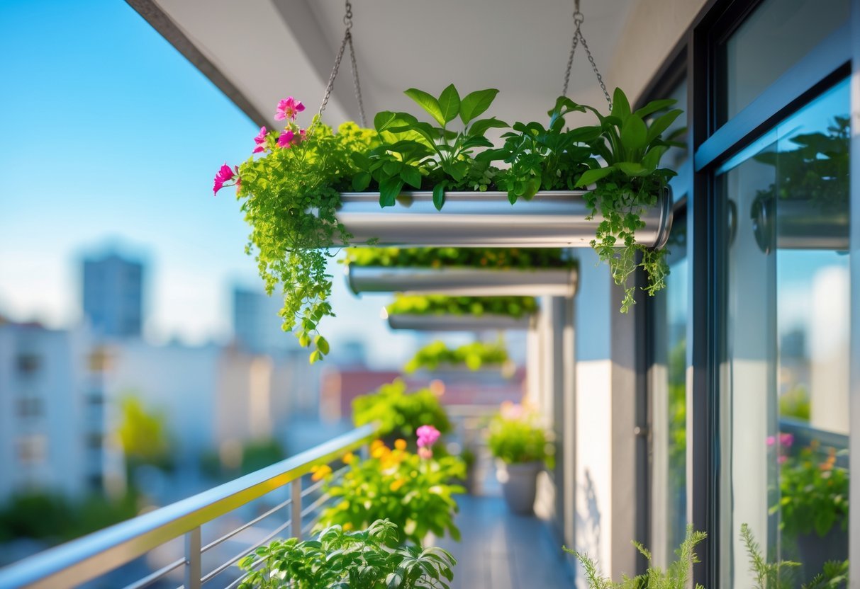 Hanging Gutter Garden Ideas: 7 Easy Ways to Transform Small Spaces in Your US Home 19 A balcony with hanging gutters from the ceiling filled with green plants and flowers.