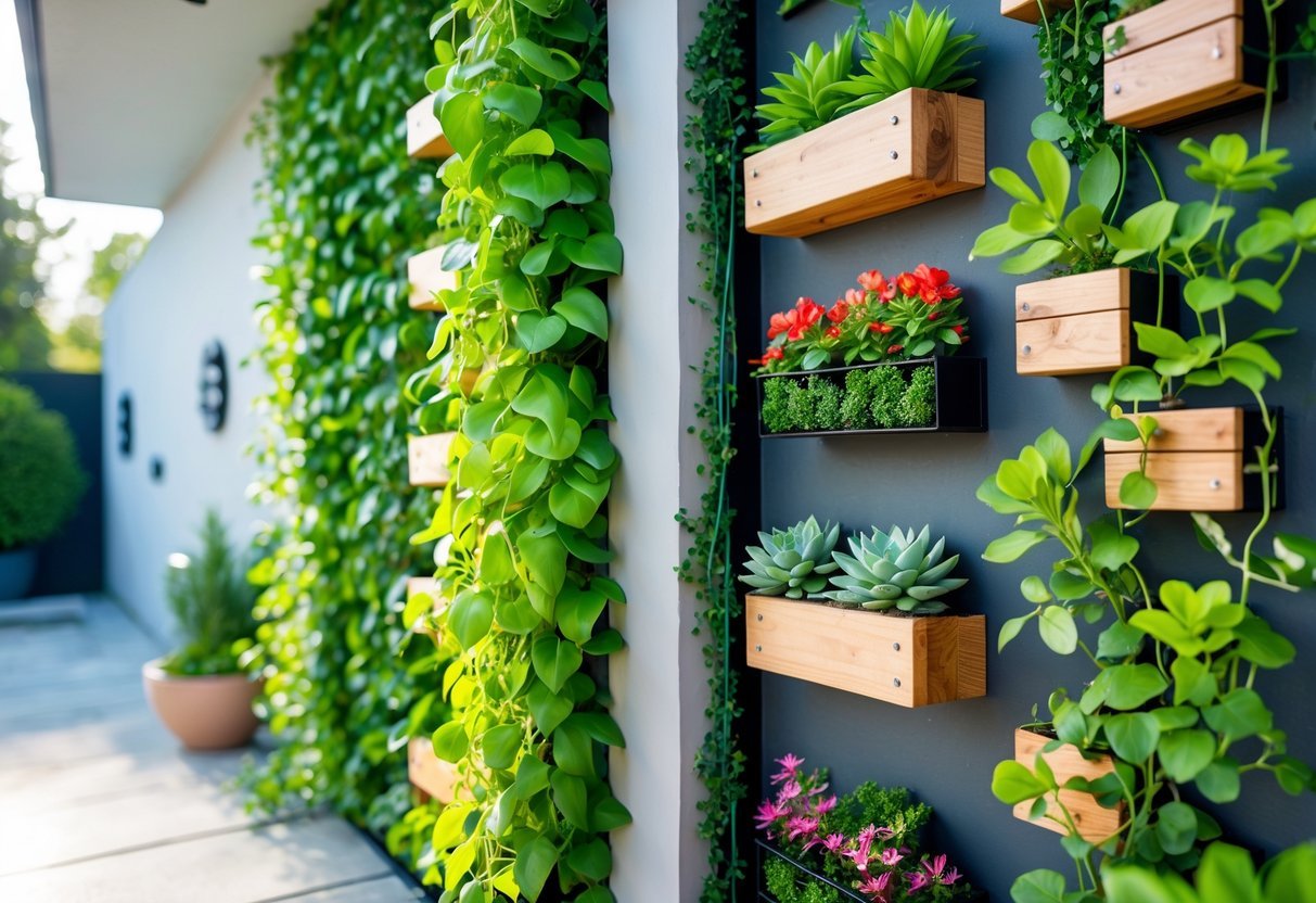29+ Vertical Gardening Ideas: Expert Tips to Maximize Small Spaces in the US 2 A vertical garden with various green plants and flowers arranged on a patio wall using wooden and metal planters.