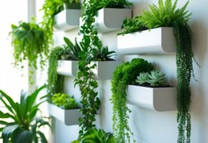 Indoor vertical garden with wall-mounted planters holding various green plants on a white wall.