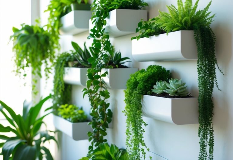 7 Indoor vertical garden with wall-mounted planters holding various green plants on a white wall.