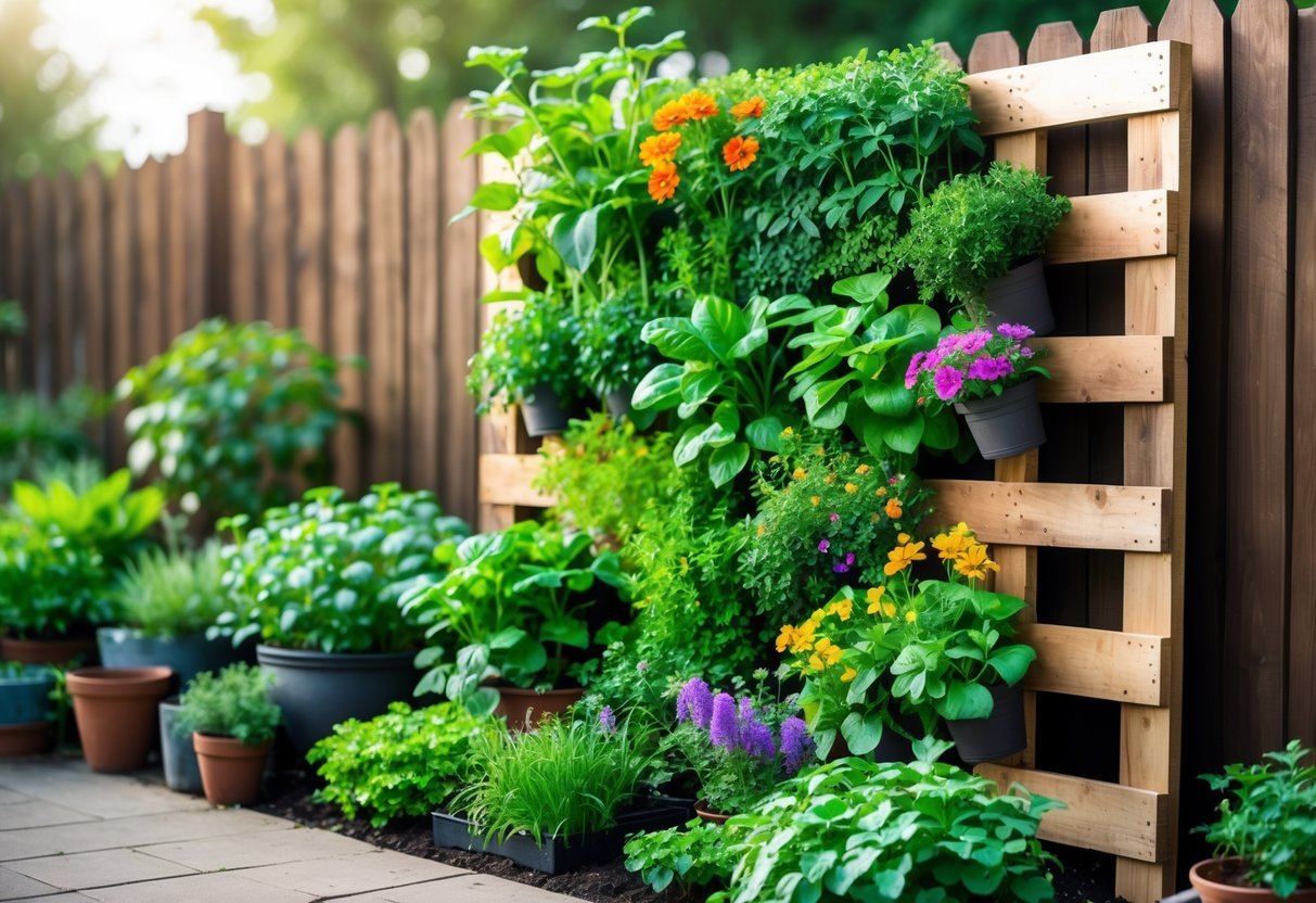 29+ Vertical Gardening Ideas: Expert Tips to Maximize Small Spaces in the US 4 A vertical pallet garden filled with various green plants, flowers, and herbs against a wooden fence outdoors.
