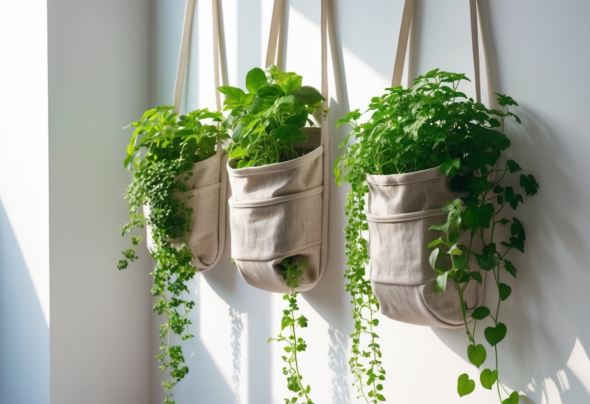 29+ Vertical Gardening Ideas: Expert Tips to Maximize Small Spaces in the US 5 Three hanging pocket planters with green plants arranged vertically on a wall.
