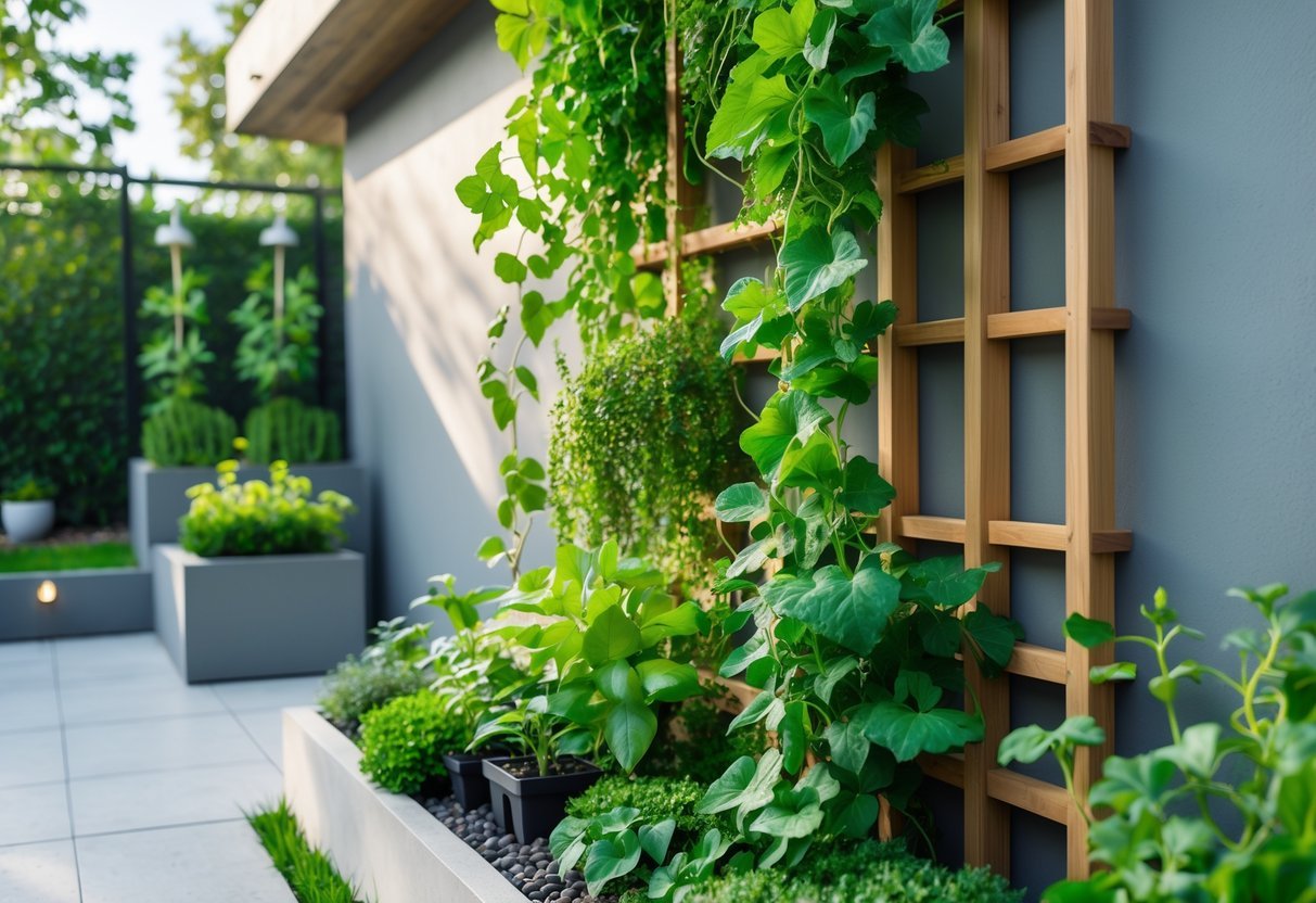 29+ Vertical Gardening Ideas: Expert Tips to Maximize Small Spaces in the US 6 A vertical garden with green plants climbing a wooden trellis attached to an outdoor wall, surrounded by small potted plants and garden decor.