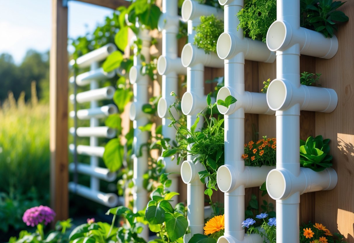 29+ Vertical Gardening Ideas: Expert Tips to Maximize Small Spaces in the US 7 A vertical garden made from white PVC pipes with plants growing from circular openings, mounted outdoors against a natural background.