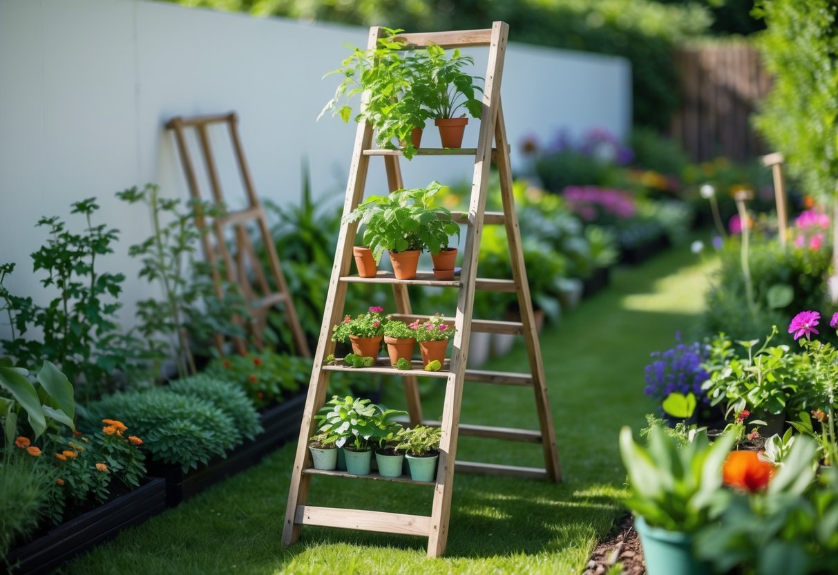 29+ Vertical Gardening Ideas: Expert Tips to Maximize Small Spaces in the US 8 A wooden ladder leaning against a wall with potted plants arranged on its steps in a garden.