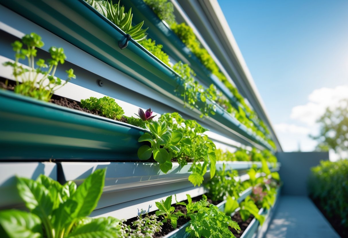 29+ Vertical Gardening Ideas: Expert Tips to Maximize Small Spaces in the US 9 Vertical garden made from rain gutters filled with green plants and flowers on an outdoor wall.
