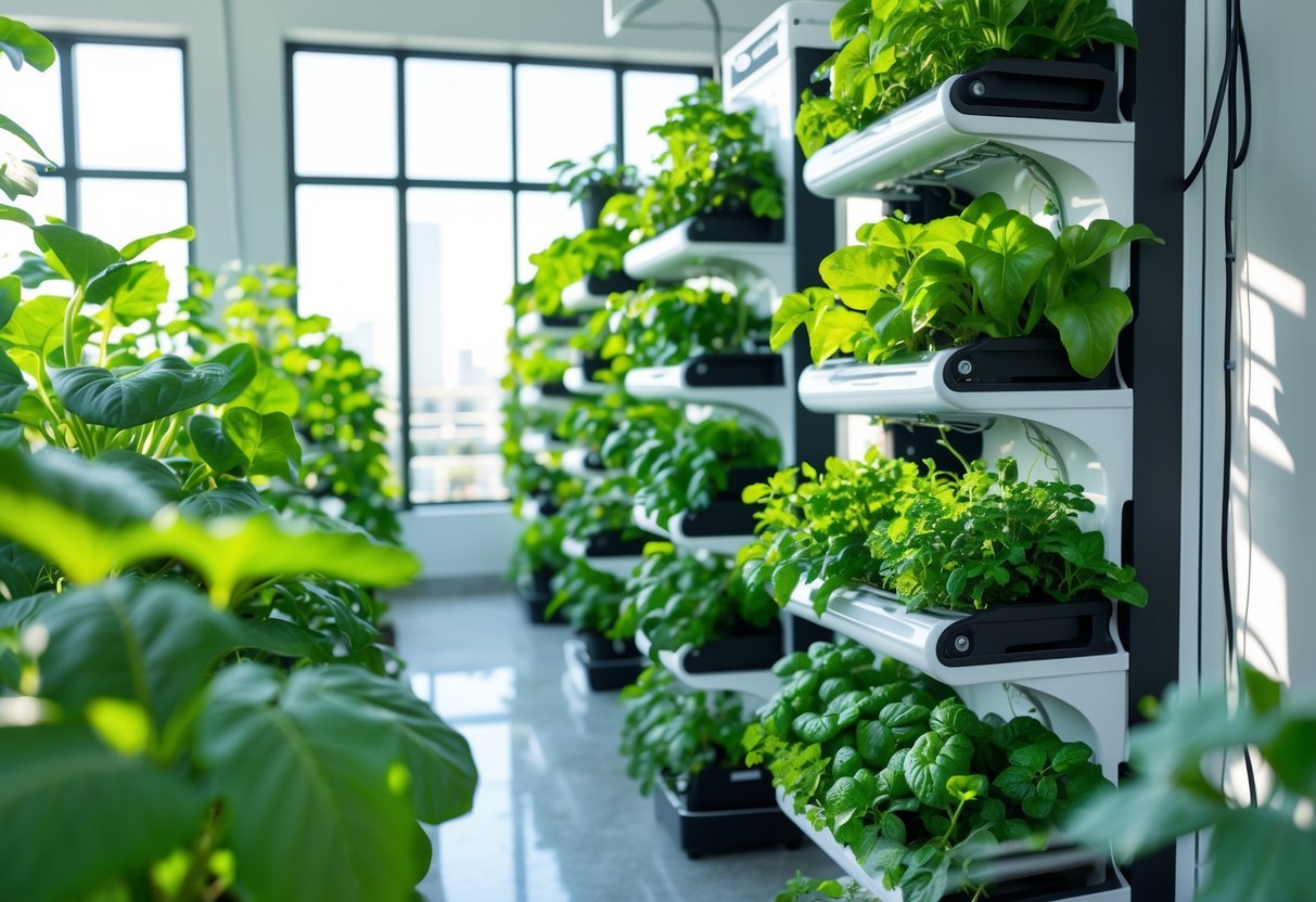 29+ Vertical Gardening Ideas: Expert Tips to Maximize Small Spaces in the US 11 Several vertical hydroponic towers filled with green leafy vegetables and herbs in a bright indoor garden.