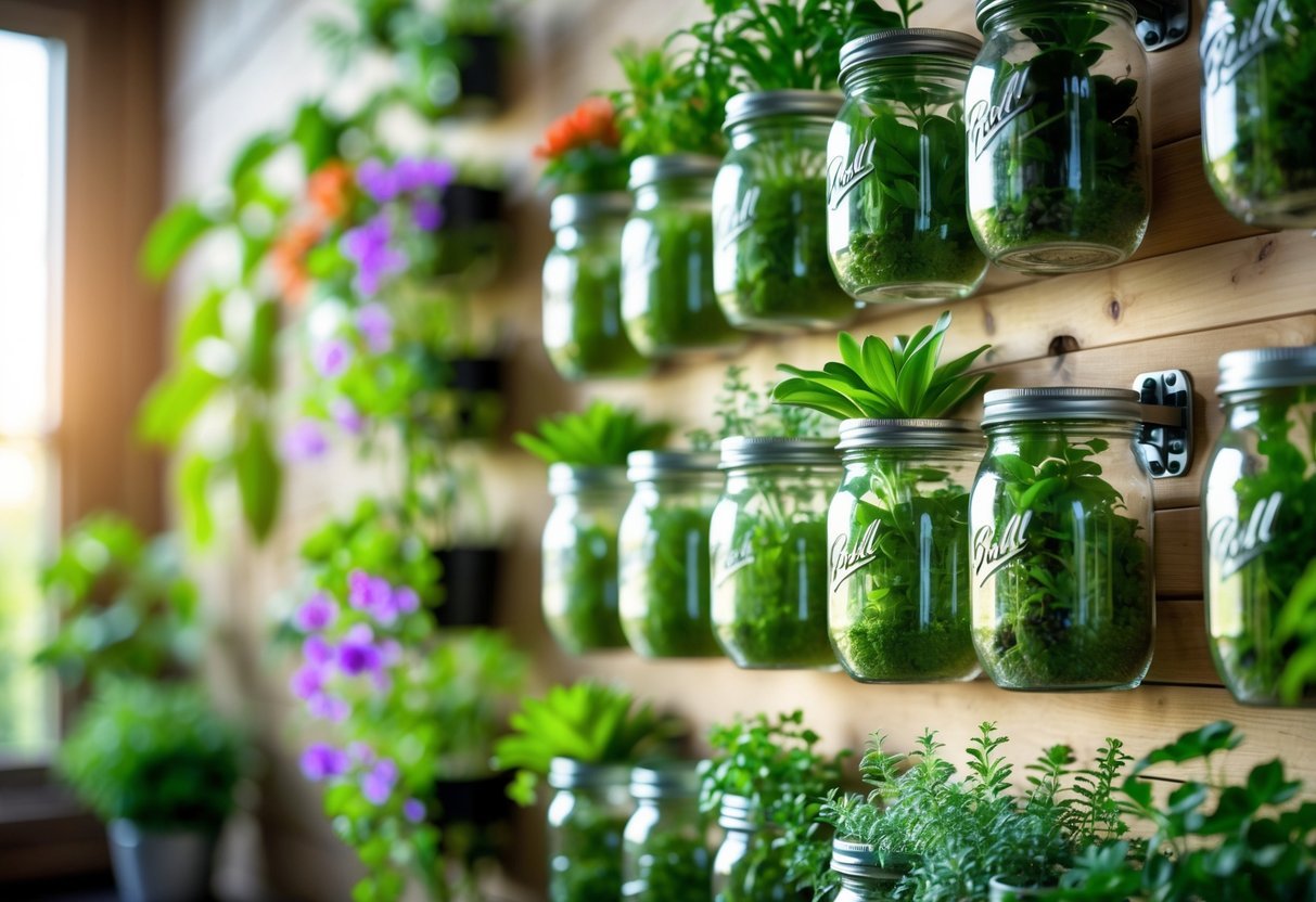 29+ Vertical Gardening Ideas: Expert Tips to Maximize Small Spaces in the US 12 Vertical wall garden with mason jars holding various green plants and flowers arranged on a wooden surface.