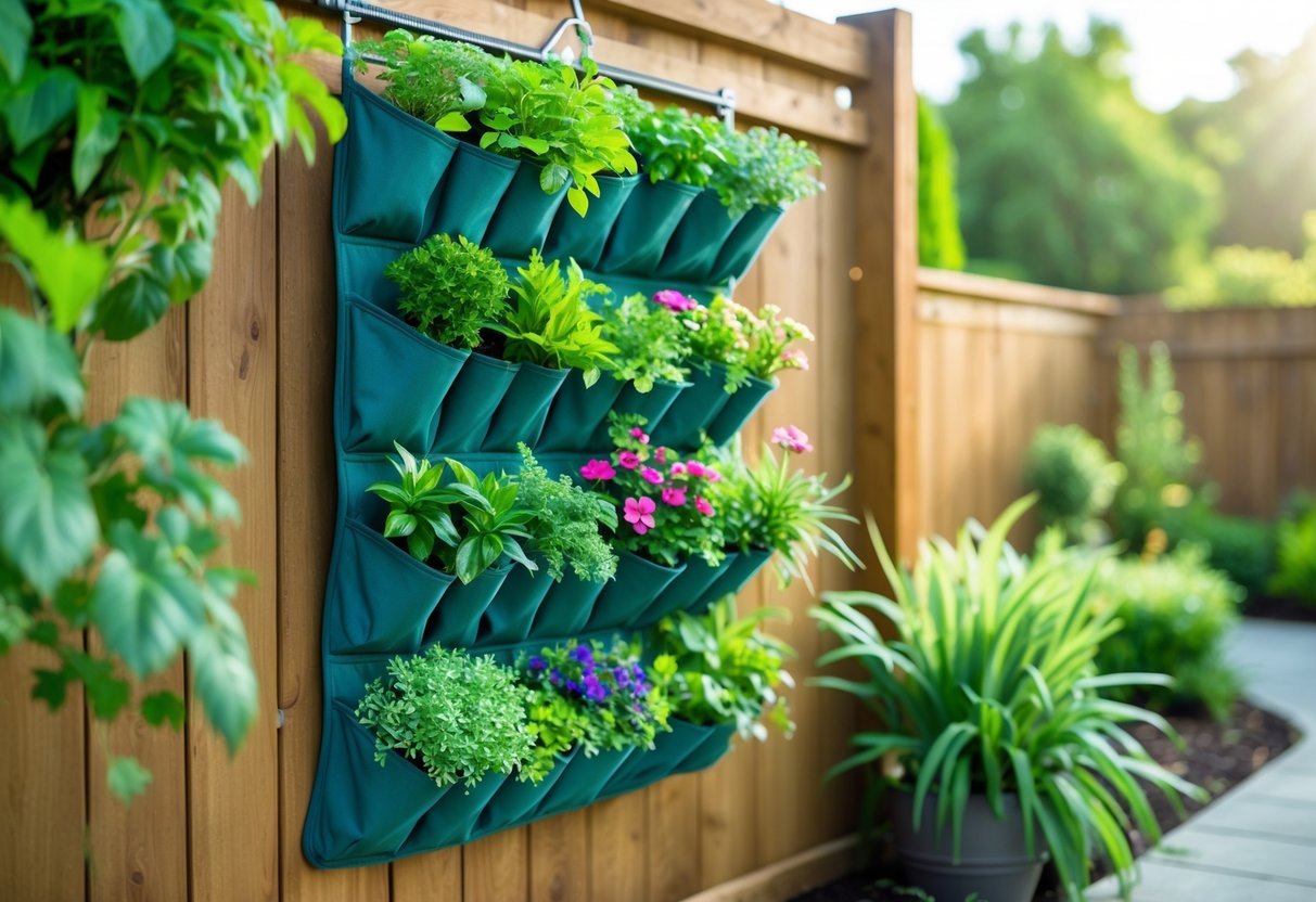 29+ Vertical Gardening Ideas: Expert Tips to Maximize Small Spaces in the US 13 A vertical garden made from a hanging shoe organizer filled with various green plants and colorful flowers on a wooden fence outdoors.