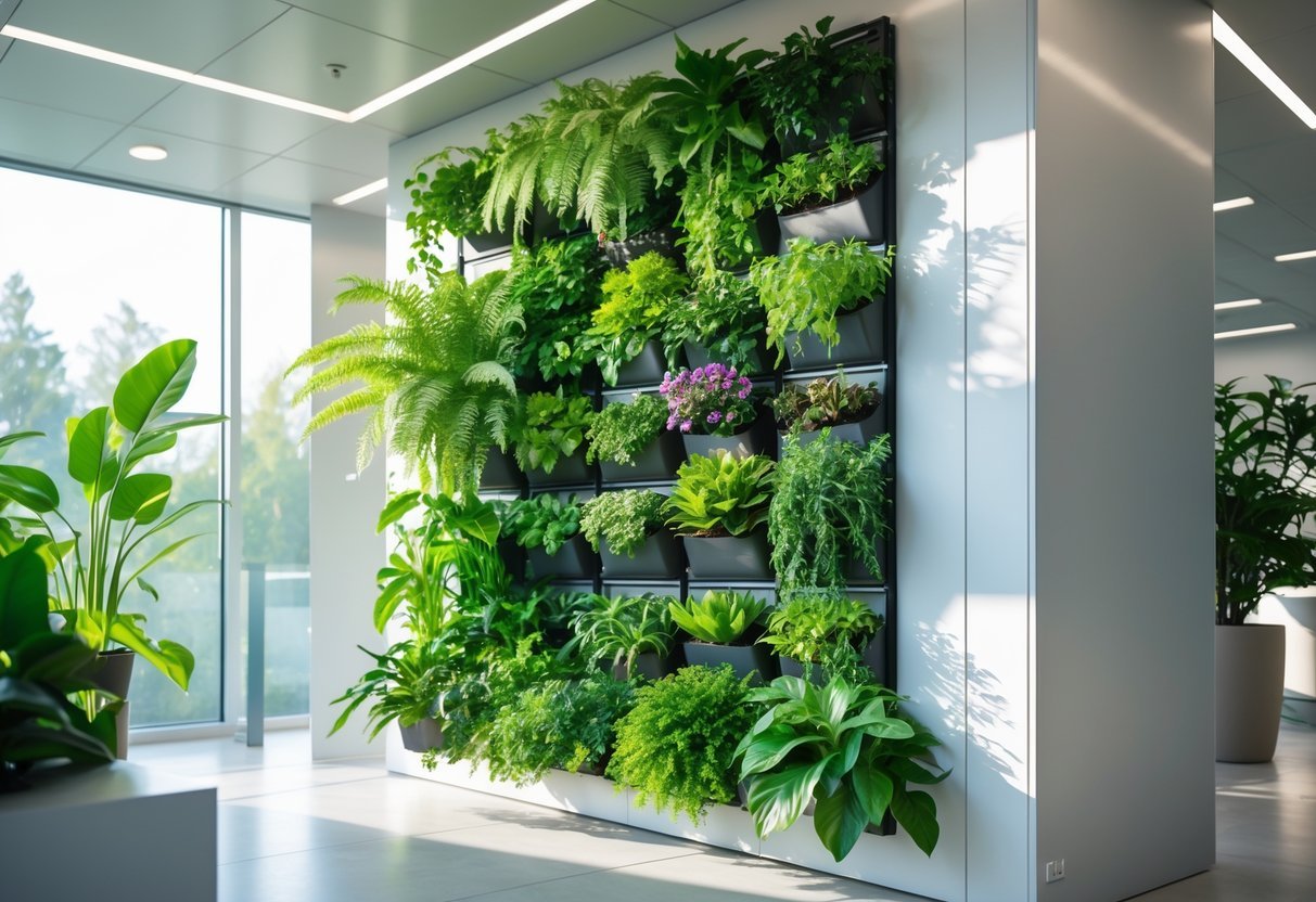 29+ Vertical Gardening Ideas: Expert Tips to Maximize Small Spaces in the US 14 A large indoor vertical garden with various green plants arranged on a wall in a bright, modern room.