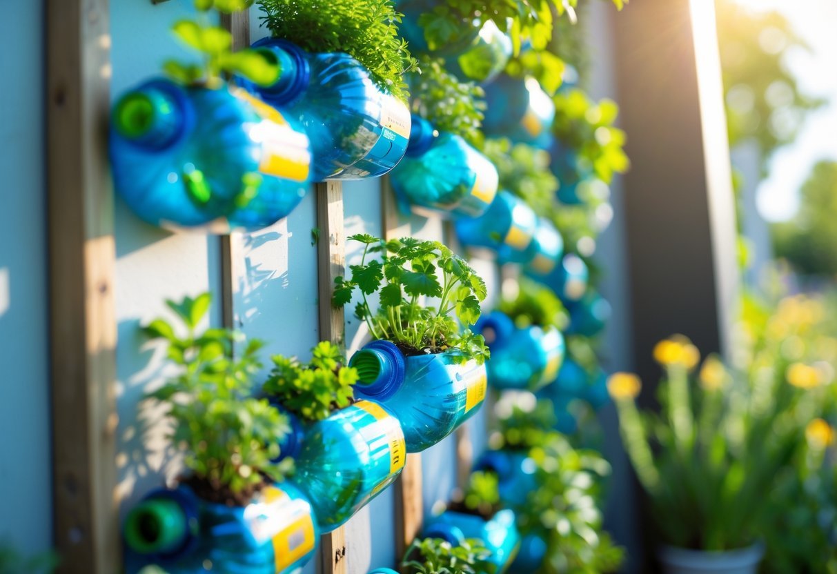 29+ Vertical Gardening Ideas: Expert Tips to Maximize Small Spaces in the US 15 Vertical garden made from recycled plastic bottles used as planters with green plants hanging on an outdoor wall.