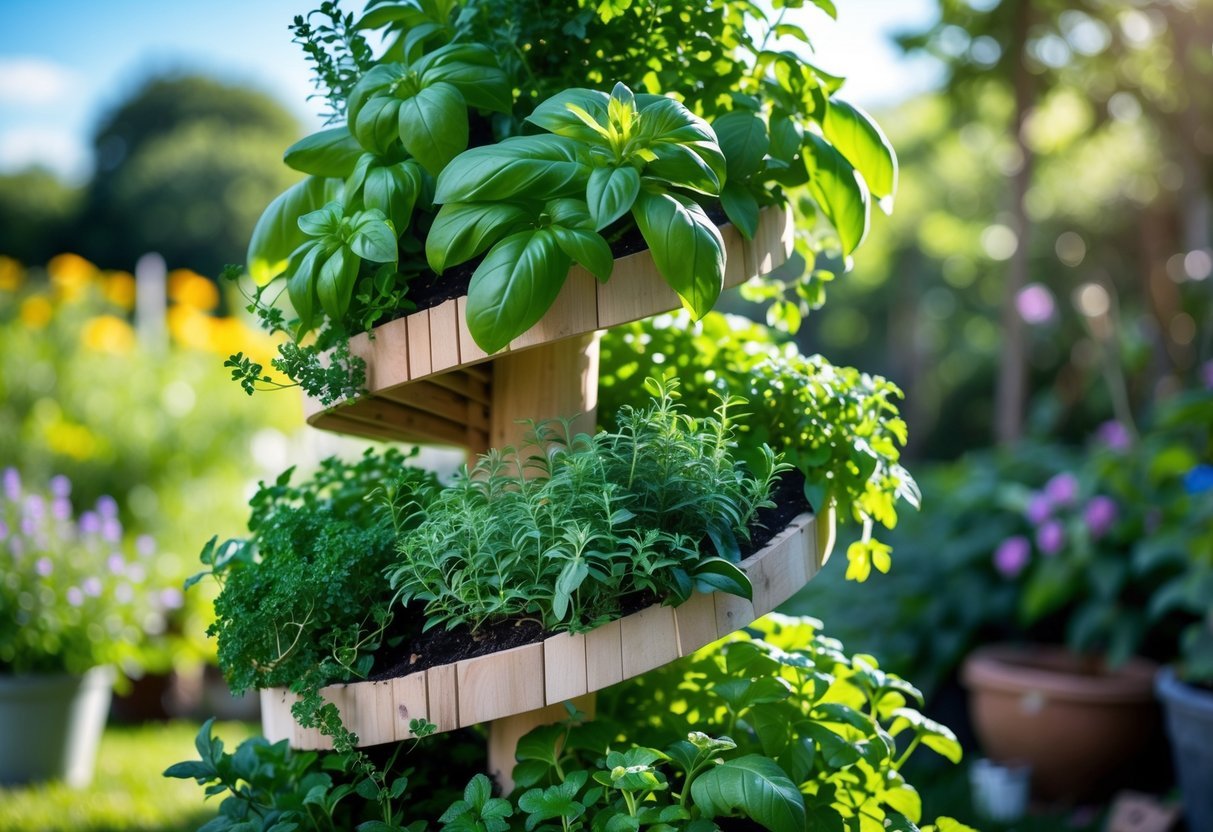 29+ Vertical Gardening Ideas: Expert Tips to Maximize Small Spaces in the US 16 A spiral tower filled with various green herbs growing outdoors in a garden.