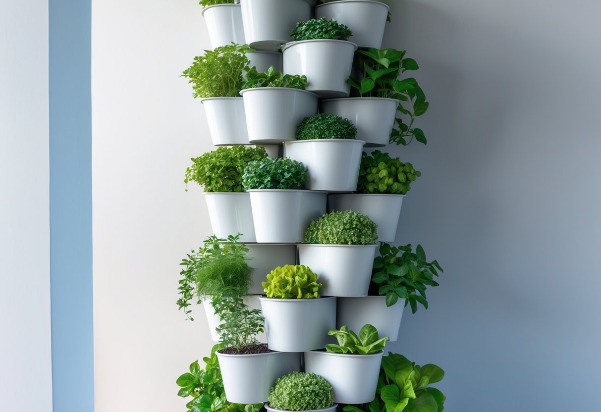 29+ Vertical Gardening Ideas: Expert Tips to Maximize Small Spaces in the US 17 A vertical garden made of stacked modular pots filled with various green plants and herbs.