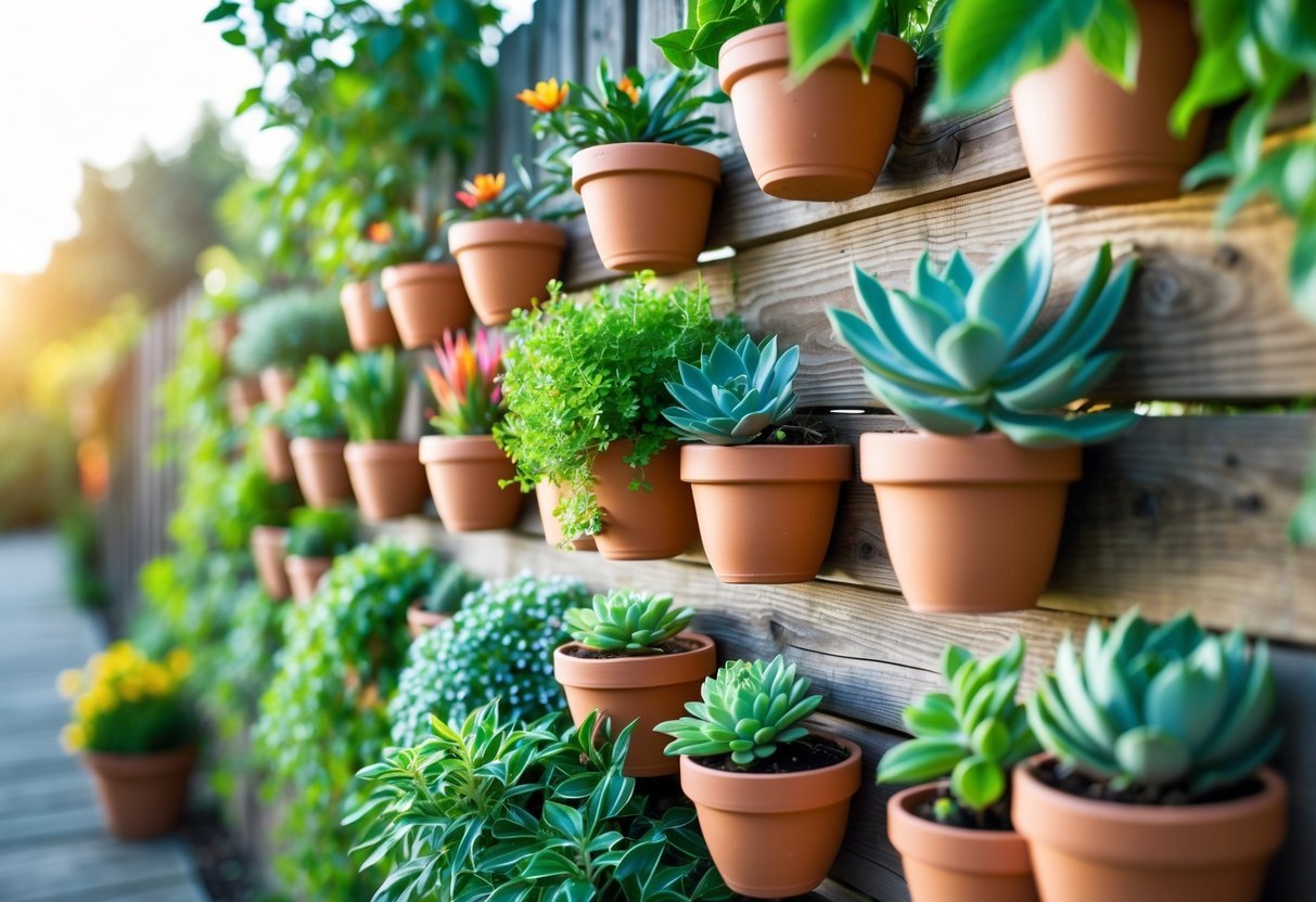 29+ Vertical Gardening Ideas: Expert Tips to Maximize Small Spaces in the US 18 Wooden fence with multiple pots arranged vertically, filled with various green plants and flowers.