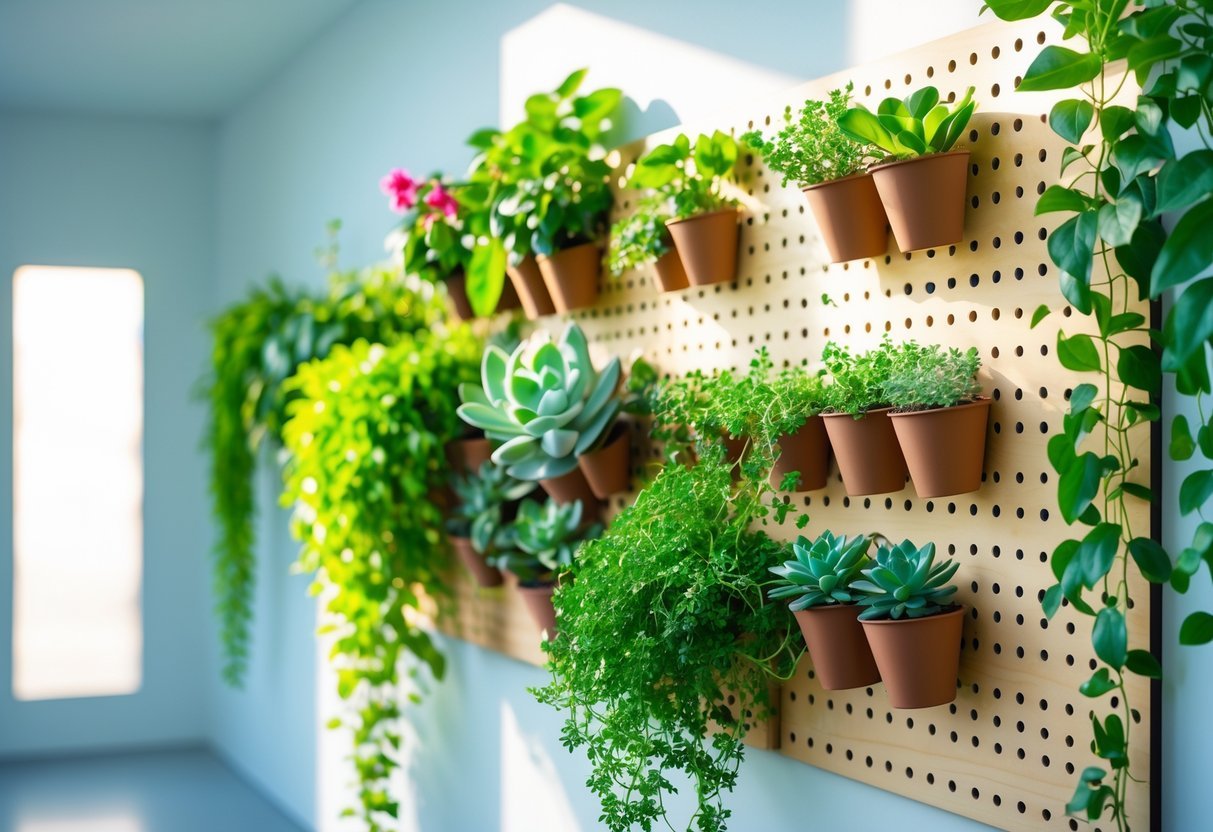 29+ Vertical Gardening Ideas: Expert Tips to Maximize Small Spaces in the US 19 A vertical garden made from a pegboard with various small potted plants arranged neatly on a wall.