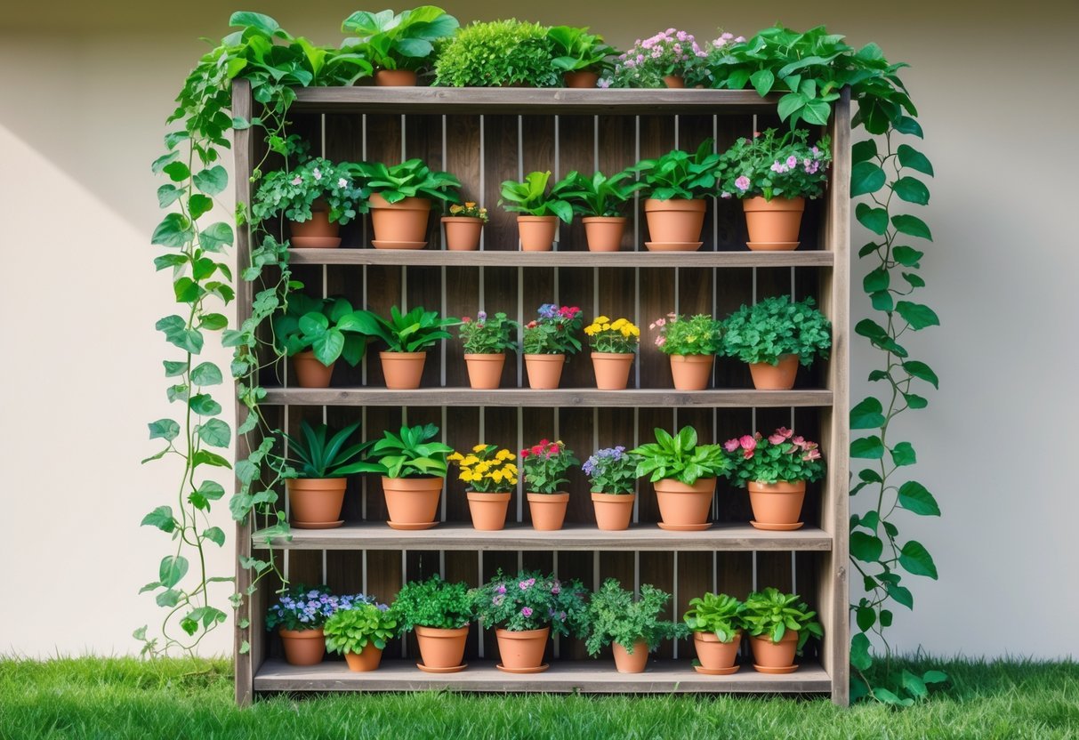 29+ Vertical Gardening Ideas: Expert Tips to Maximize Small Spaces in the US 20 A wooden bookshelf repurposed as a vertical garden with various green plants and colorful flowers in pots arranged on its shelves outdoors.