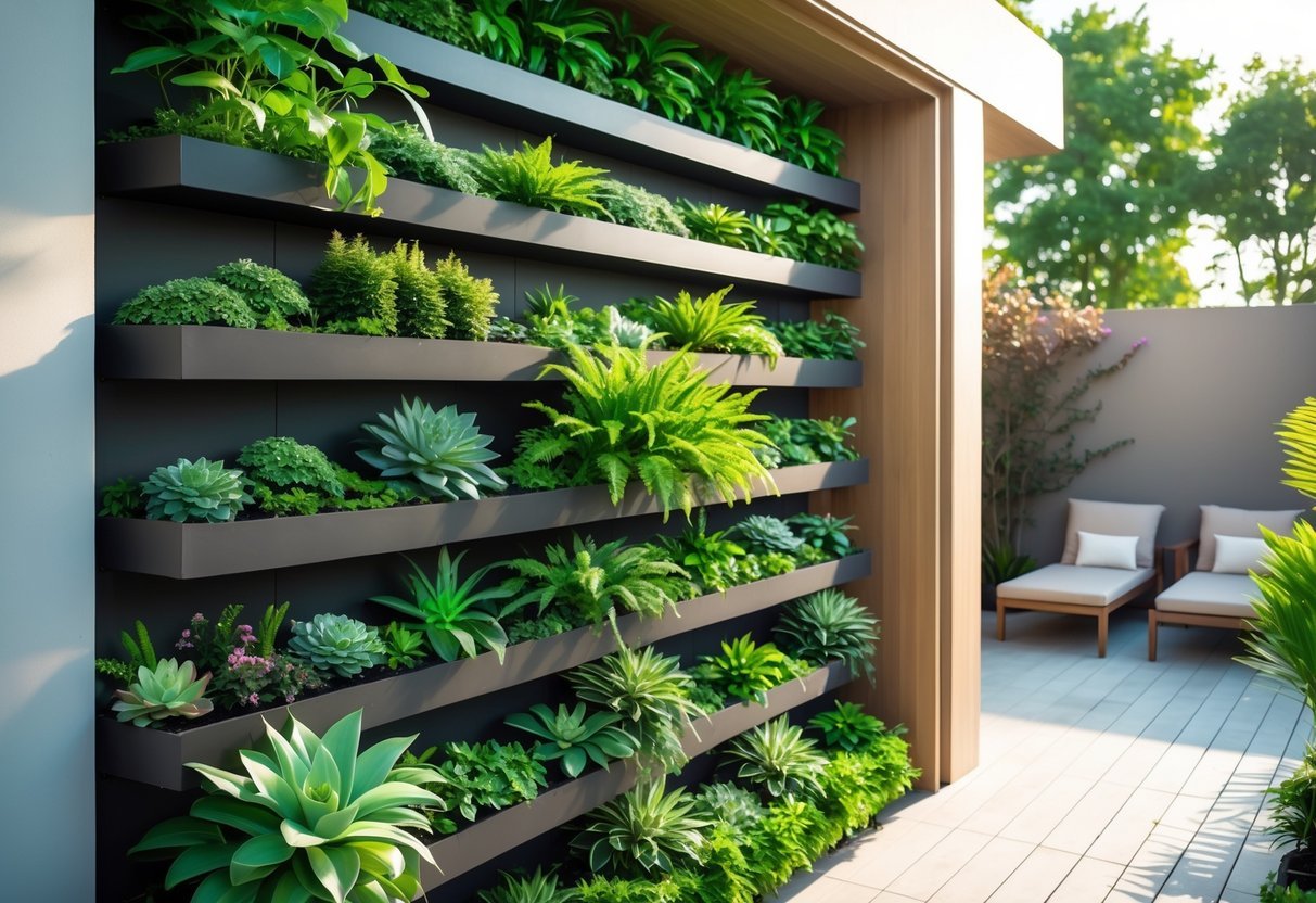 29+ Vertical Gardening Ideas: Expert Tips to Maximize Small Spaces in the US 21 A vertical garden with multiple tiers of green plants arranged in a stair-step pattern on an outdoor wall.