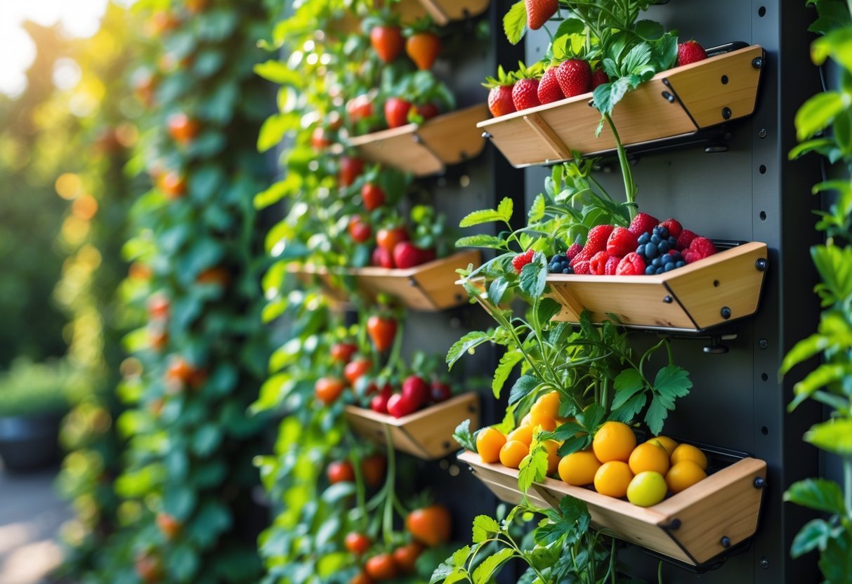 23+ Fruit Wall Ideas for Vertical Gardening: Easy and Space-Saving Designs for Your US Backyard 2 A vertical garden wall with multiple tiers of planters growing various fresh fruits like strawberries, blueberries, and small citrus fruits surrounded by green leaves.