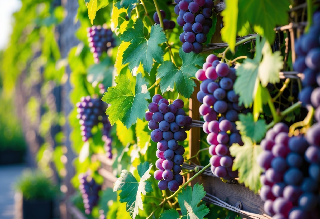 23+ Fruit Wall Ideas for Vertical Gardening: Easy and Space-Saving Designs for Your US Backyard 3 A vertical garden with grapevines trained on a wooden trellis, bearing green leaves and clusters of ripe grapes.