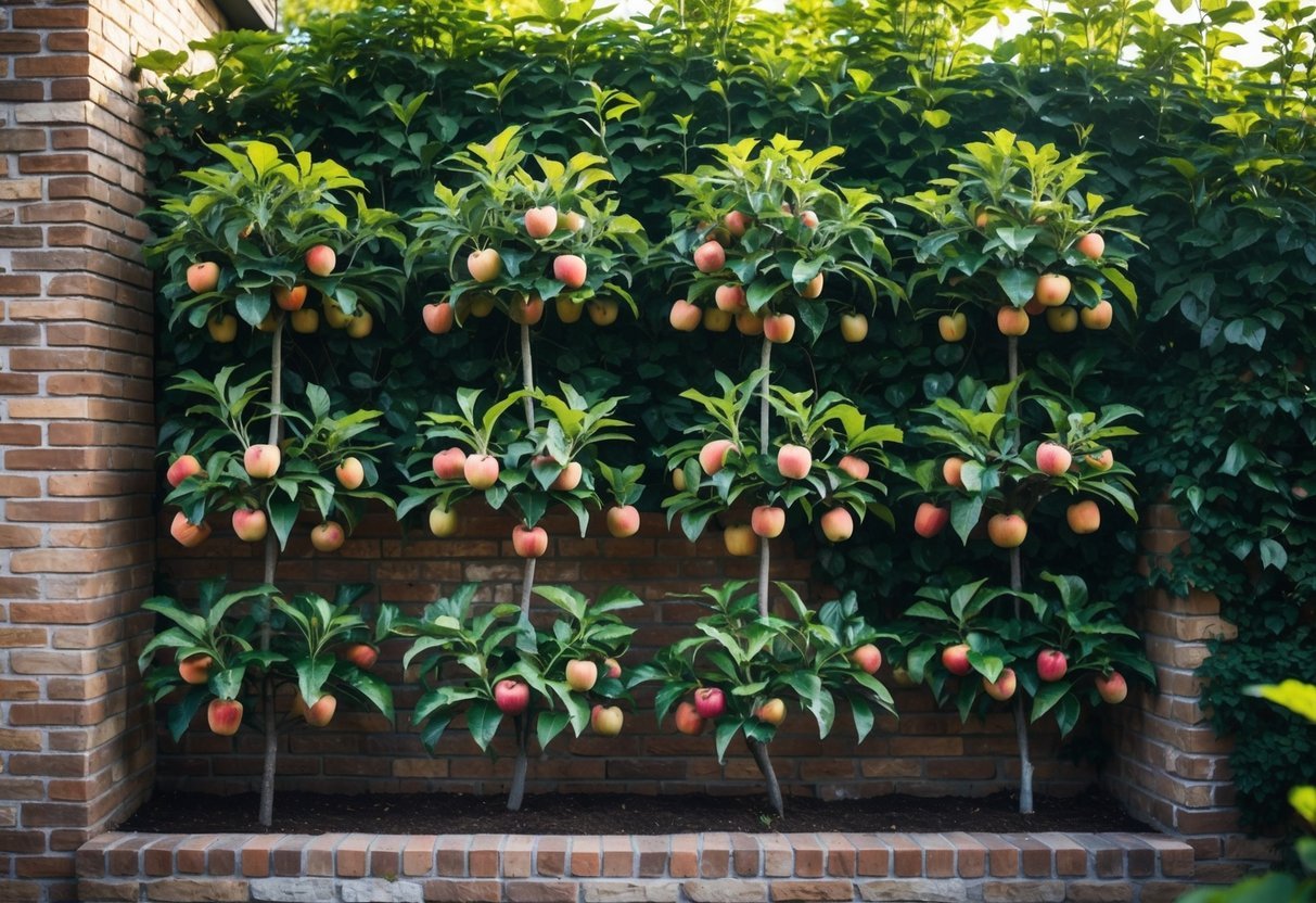 23+ Fruit Wall Ideas for Vertical Gardening: Easy and Space-Saving Designs for Your US Backyard 4 A vertical garden with espalier apple trees growing against a brick wall, showing green leaves and red apples.