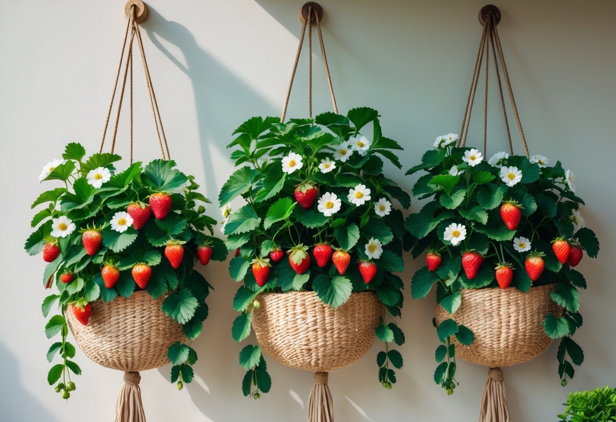 23+ Fruit Wall Ideas for Vertical Gardening: Easy and Space-Saving Designs for Your US Backyard 5 Three hanging strawberry planters with ripe strawberries and green leaves arranged vertically on a wall.
