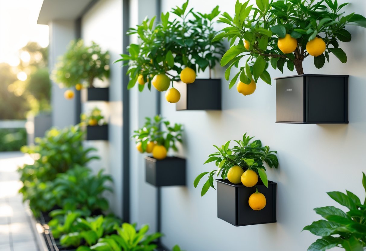 23+ Fruit Wall Ideas for Vertical Gardening: Easy and Space-Saving Designs for Your US Backyard 6 Wall-mounted dwarf citrus trees with green leaves and ripe fruits growing vertically on a light-colored wall.