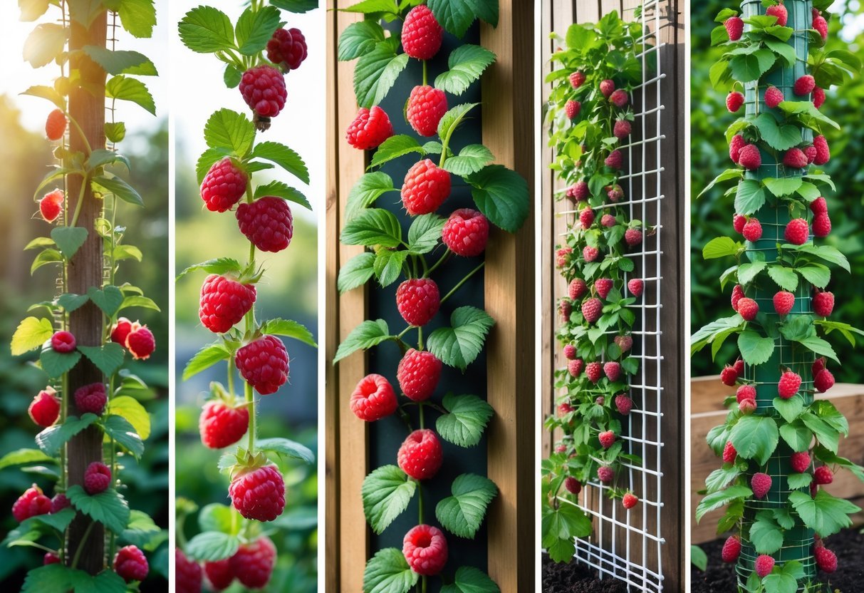 23+ Fruit Wall Ideas for Vertical Gardening: Easy and Space-Saving Designs for Your US Backyard 7 Five different vertical raspberry cane gardens showing ripe raspberries growing on various trellises and supports in a bright outdoor garden.