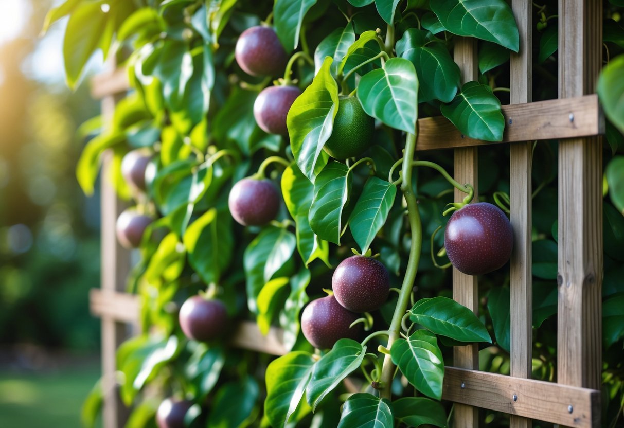 23+ Fruit Wall Ideas for Vertical Gardening: Easy and Space-Saving Designs for Your US Backyard 8 A passion fruit vine with green leaves and purple fruits growing on a wooden trellis forming a vertical garden wall.