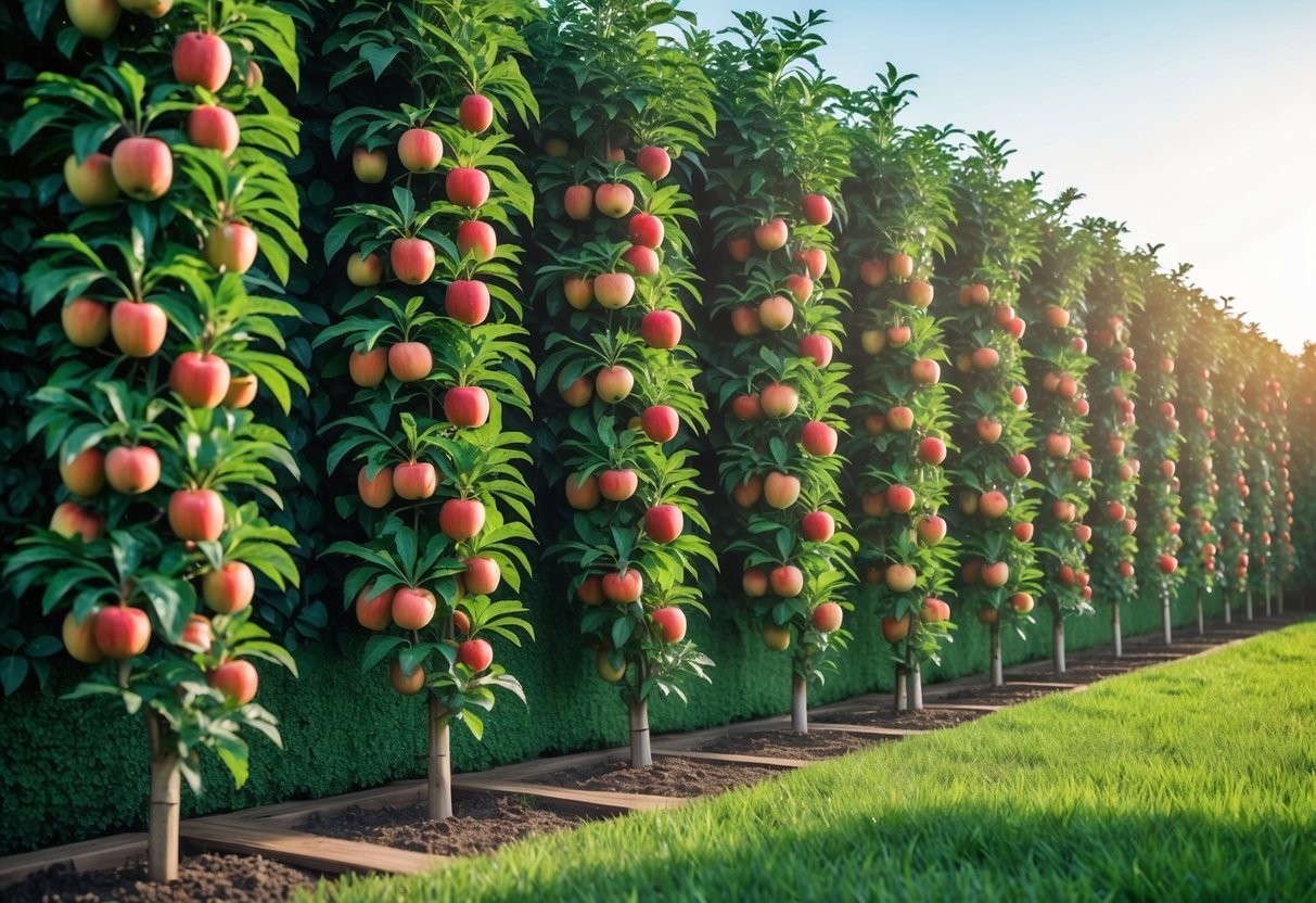 23+ Fruit Wall Ideas for Vertical Gardening: Easy and Space-Saving Designs for Your US Backyard 9 Seven columnar apple trees planted closely together forming a vertical fruit wall with ripe red apples and green leaves under a clear sky.