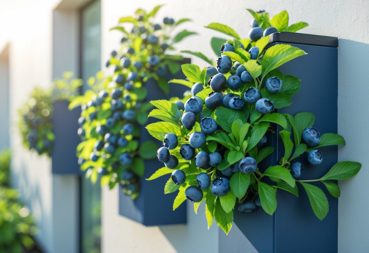 23+ Fruit Wall Ideas for Vertical Gardening: Easy and Space-Saving Designs for Your US Backyard 10 Wall-mounted blueberry bushes growing on vertical planters attached to a light-colored wall with ripe blueberries and green leaves.