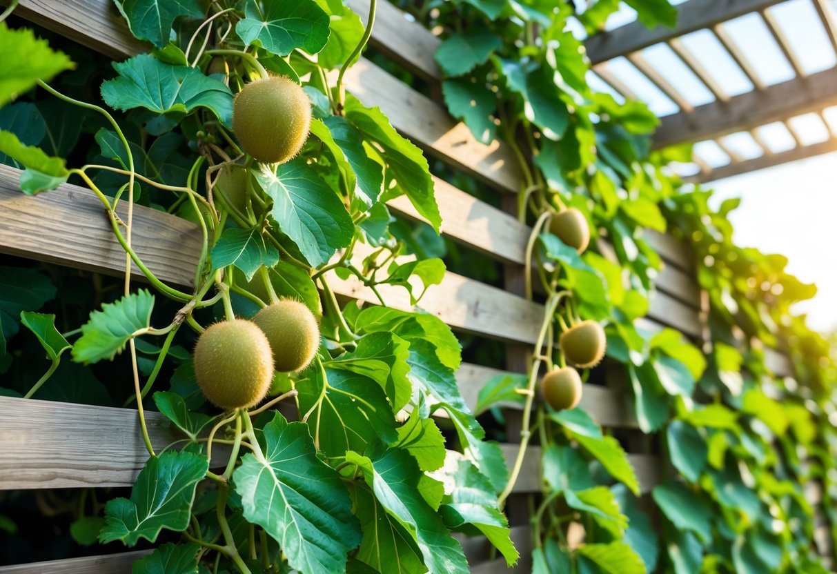 23+ Fruit Wall Ideas for Vertical Gardening: Easy and Space-Saving Designs for Your US Backyard 11 Kiwi vines with green leaves and small kiwi fruits growing densely on a wooden pergola wall in a garden.