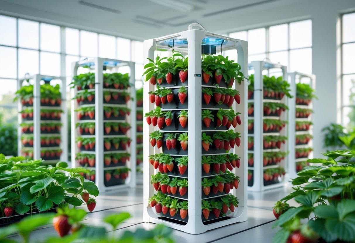 23+ Fruit Wall Ideas for Vertical Gardening: Easy and Space-Saving Designs for Your US Backyard 12 Ten hydroponic vertical towers filled with green strawberry plants and ripe red strawberries in a bright indoor garden.