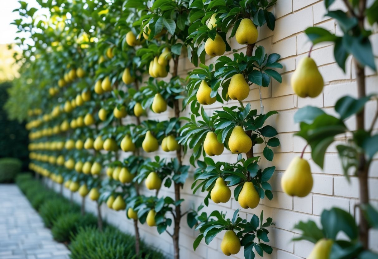 23+ Fruit Wall Ideas for Vertical Gardening: Easy and Space-Saving Designs for Your US Backyard 13 A row of espalier pear trees with ripe pears growing vertically against a garden wall.