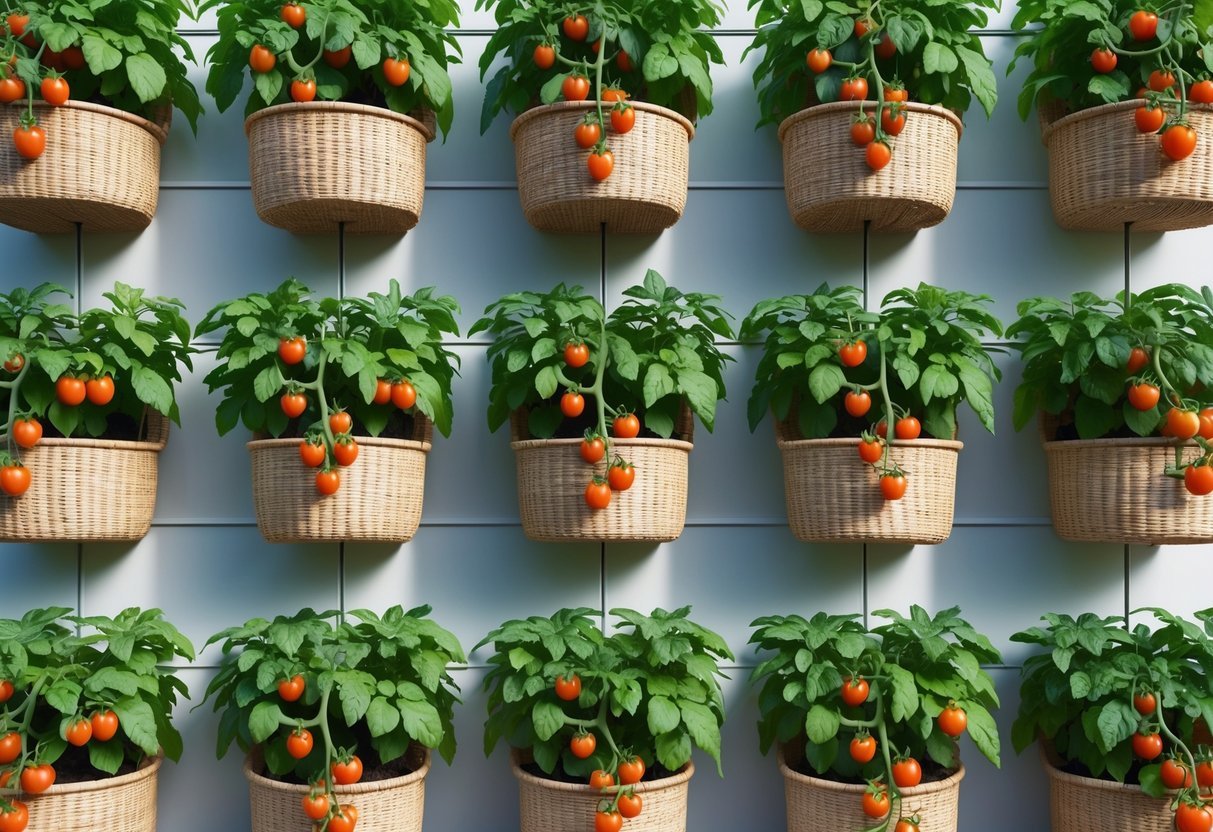 23+ Fruit Wall Ideas for Vertical Gardening: Easy and Space-Saving Designs for Your US Backyard 14 Twelve hanging baskets with trailing cherry tomato plants arranged on a vertical garden wall.