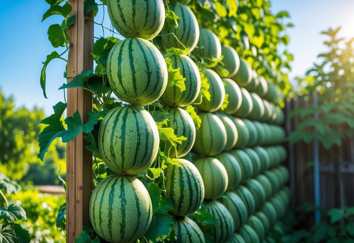 23+ Fruit Wall Ideas for Vertical Gardening: Easy and Space-Saving Designs for Your US Backyard 15 A vertical melon trellis covered with green vines and ripe melons growing in a sunny outdoor garden.