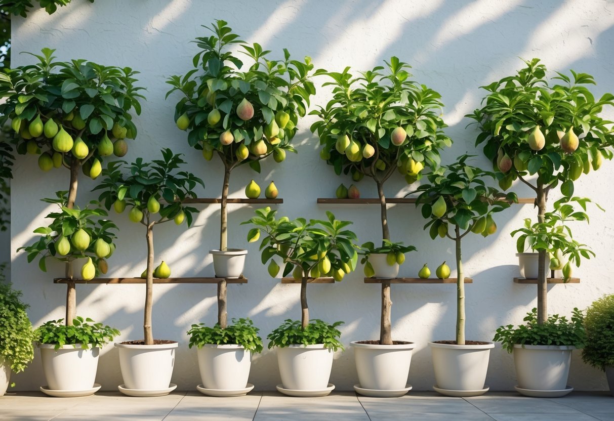 23+ Fruit Wall Ideas for Vertical Gardening: Easy and Space-Saving Designs for Your US Backyard 16 Several potted fig trees with green leaves arranged against a sunlit white wall.