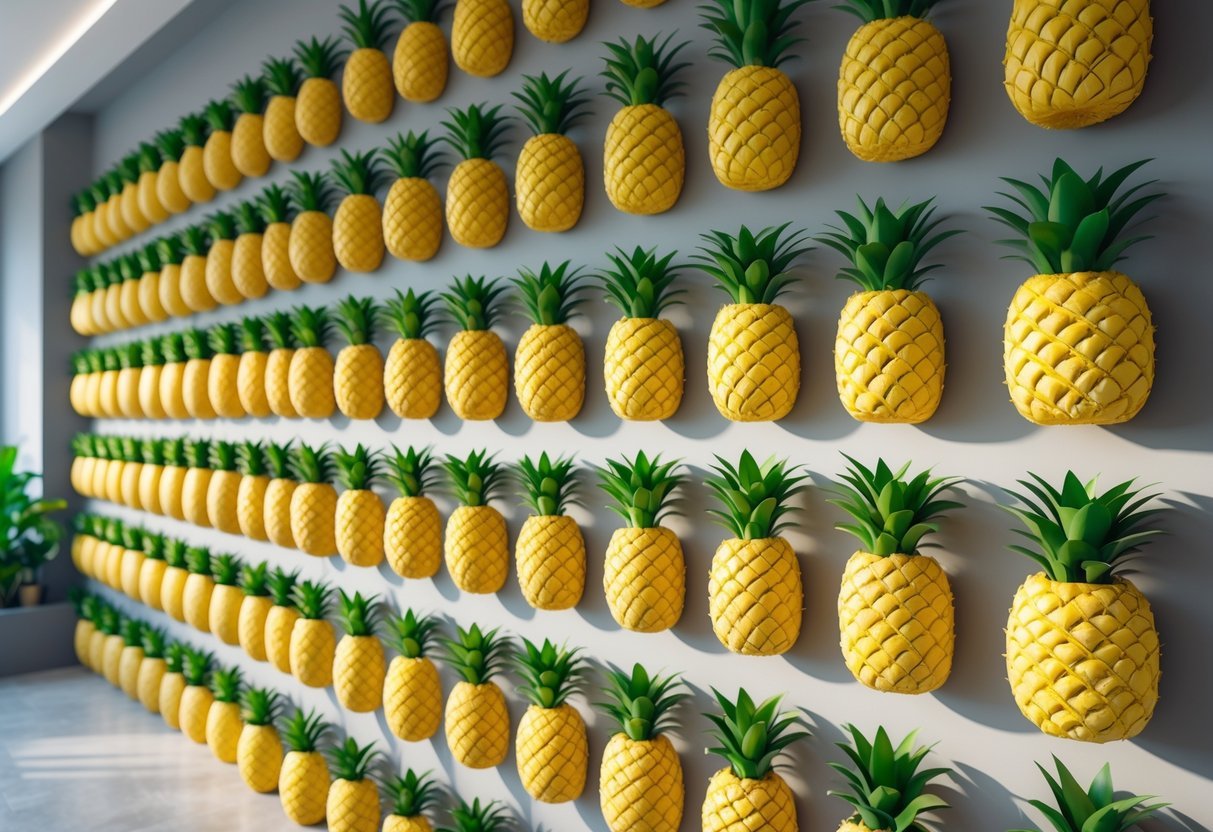 23+ Fruit Wall Ideas for Vertical Gardening: Easy and Space-Saving Designs for Your US Backyard 17 A wall with 15 pineapple-shaped planters mounted in a grid, each containing green plants, creating a vertical garden display.