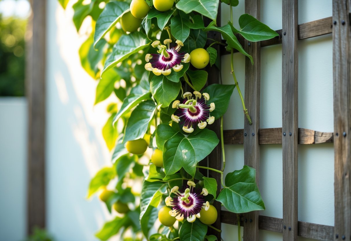 23+ Fruit Wall Ideas for Vertical Gardening: Easy and Space-Saving Designs for Your US Backyard 18 A passionflower vine with fruits growing on a wooden lattice attached to a vertical garden wall.