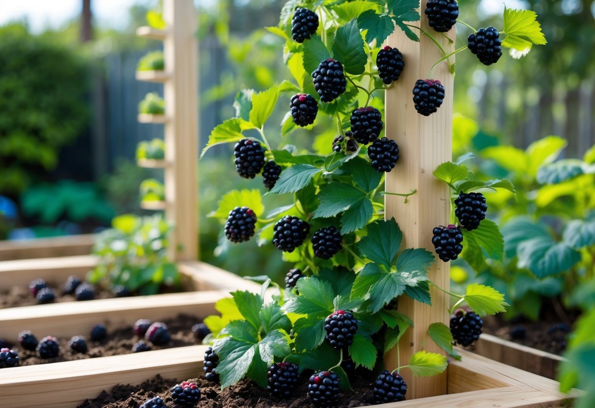 23+ Fruit Wall Ideas for Vertical Gardening: Easy and Space-Saving Designs for Your US Backyard 19 A raised wooden garden bed with blackberry plants climbing a trellis, showing ripe blackberries and green leaves in an outdoor garden.