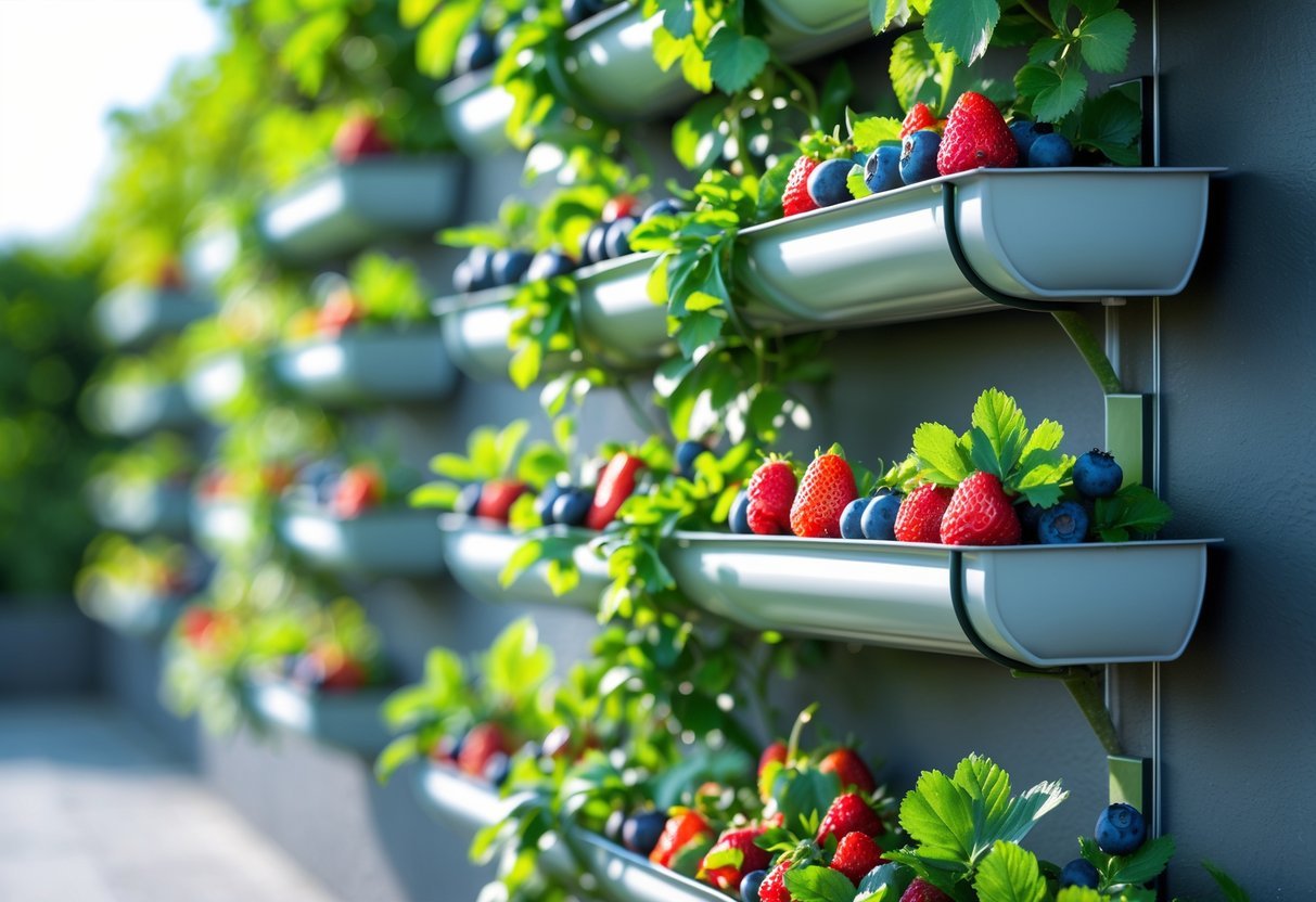 23+ Fruit Wall Ideas for Vertical Gardening: Easy and Space-Saving Designs for Your US Backyard 20 A vertical garden with multiple horizontal gutters filled with green plants and ripe berries growing on a wall.