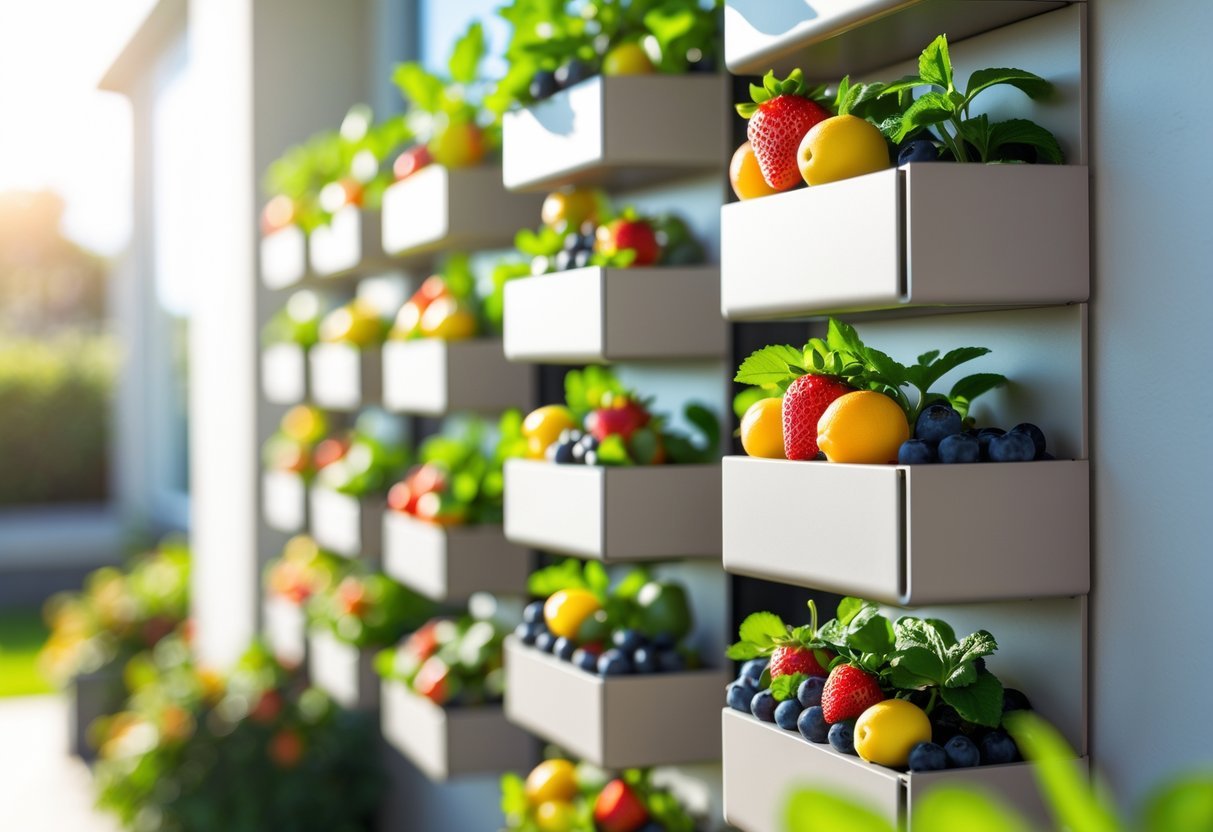 23+ Fruit Wall Ideas for Vertical Gardening: Easy and Space-Saving Designs for Your US Backyard 21 Vertical garden with modular wall planters filled with various ripe fruits growing on a clean outdoor wall.